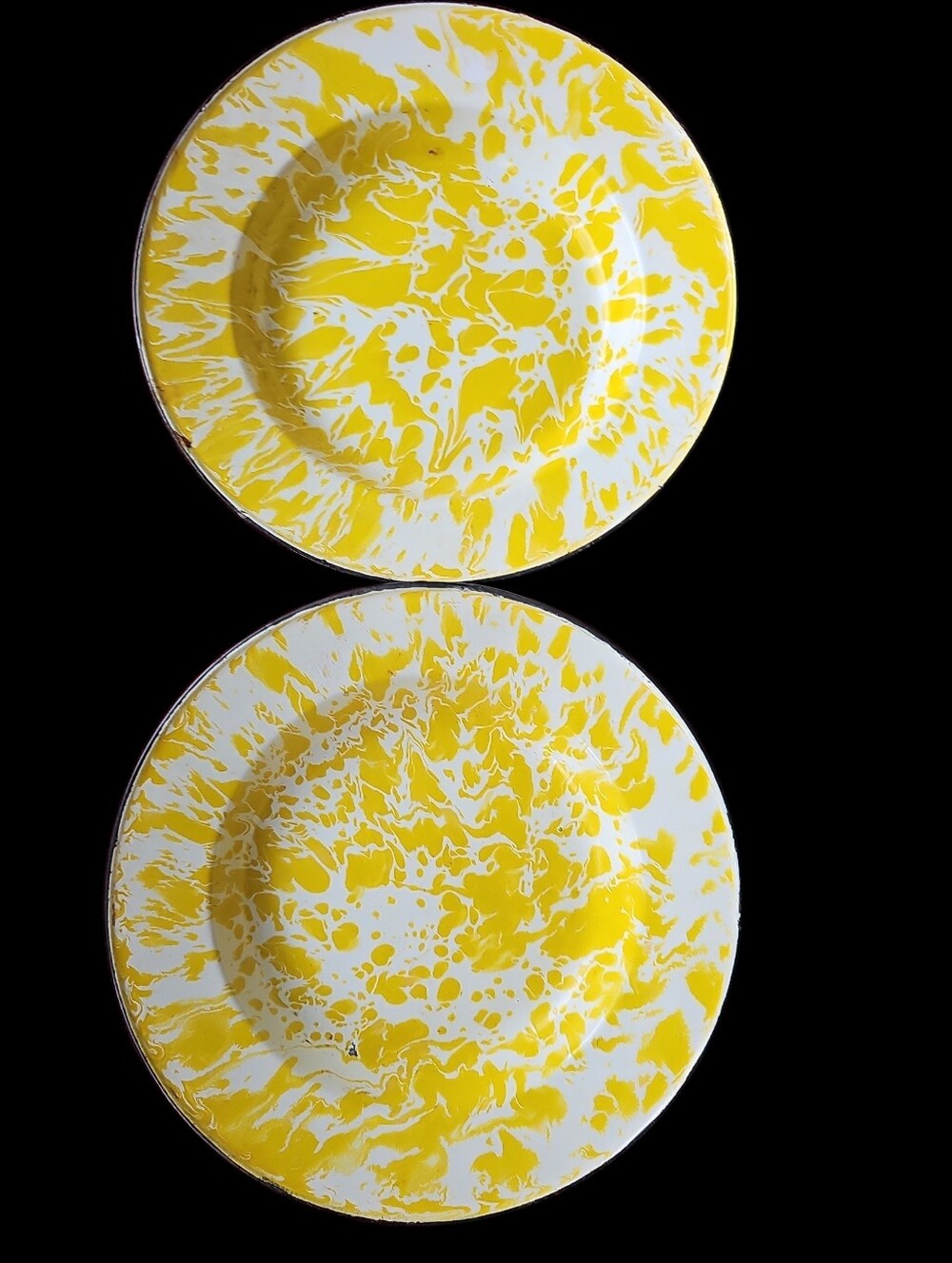 Vintage Yellow Splatterware Enamel Plates 10" Pair Farmhouse Decor